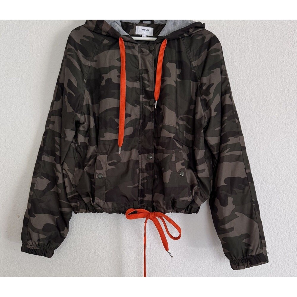 Women’s Camouflage Camo Jacket New Look supreme Sz L Orange Straps Gray Hood